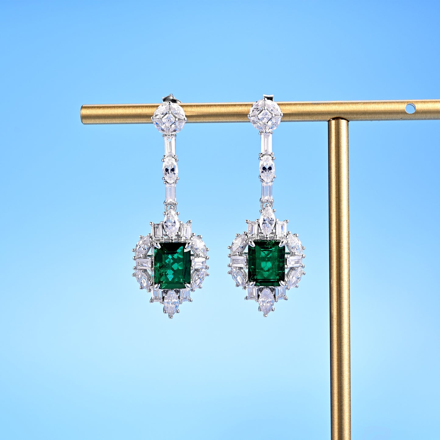S925 Sterling Silver Lab Emerald Drop Earrings, Full Diamond Emerald - Photo 1