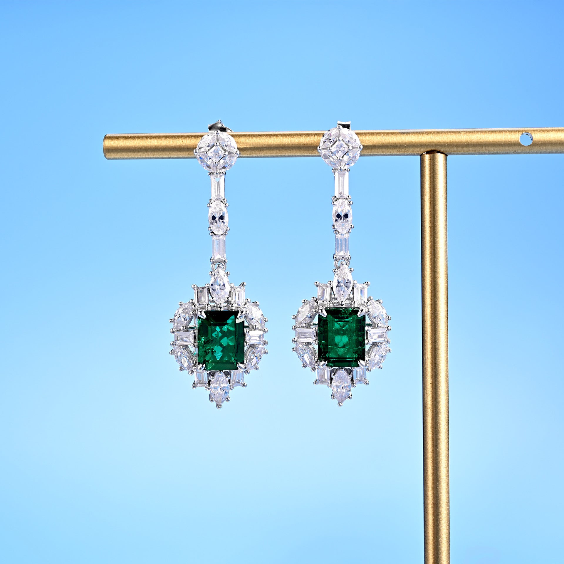 S925 Sterling Silver Lab Emerald Drop Earrings, Full Diamond Emerald - Photo 1