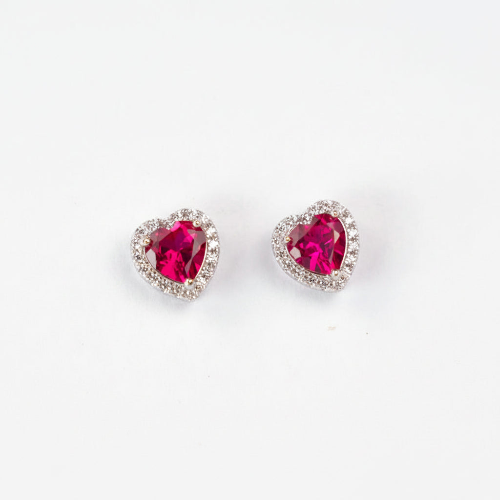S925 Sterling Silver Lab Ruby Heart Halo Earrings, Date Versatile - Photo 1