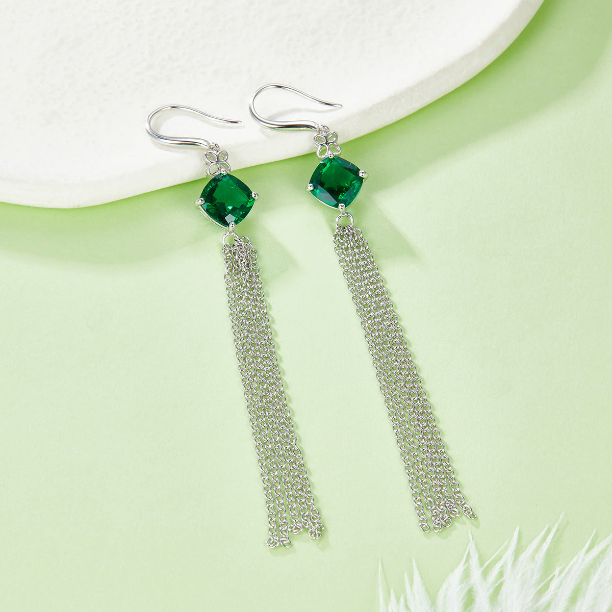 S925 Sterling Silver Lab Emerald Long Tassel Drop Earrings, Premium - Photo 2