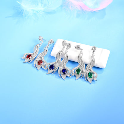 S925 Sterling Silver Lab Pigeon Blood Ruby Phoenix-Tail Pave Long Earrings, for Women - Photo 4