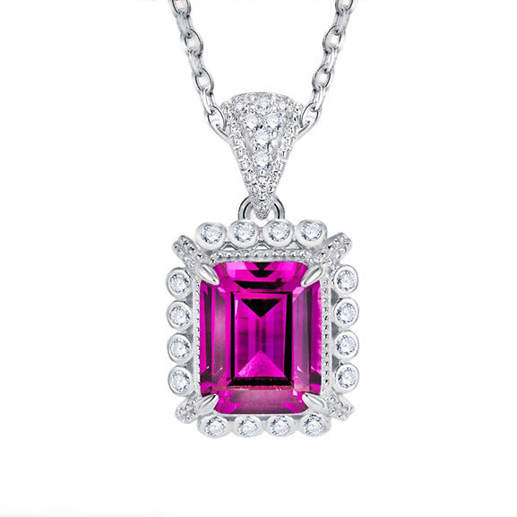 S925 Sterling Silver Lab Ruby Emerald-Cut Pendant Choker Necklace, Premium - Photo 1