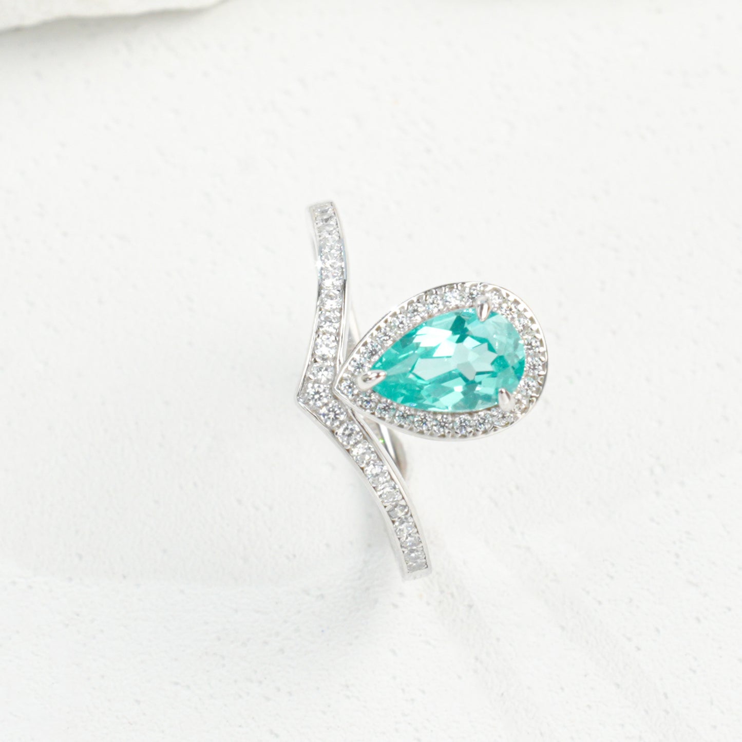 S925 Sterling Silver Paraiba Sapphire Teardrop Halo Ring, Designer Premium - Photo 5