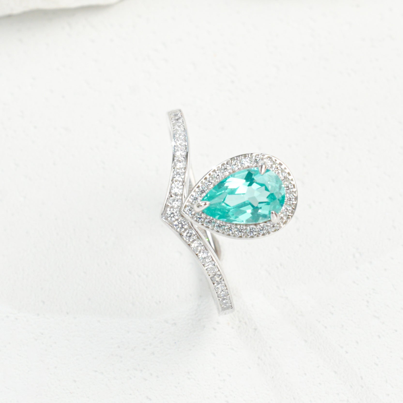 S925 Sterling Silver Paraiba Sapphire Teardrop Halo Ring, Designer Premium - Photo 5