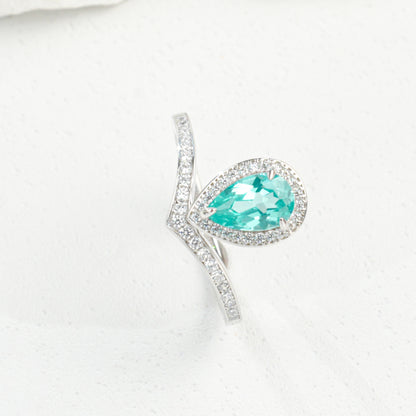 S925 Sterling Silver Paraiba Sapphire Teardrop Halo Ring, Designer Premium - Photo 5