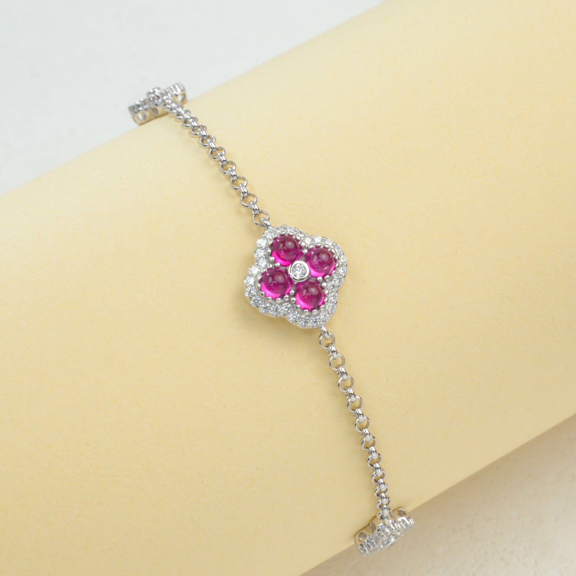 S925 Sterling Silver Lab Ruby Four-Leaf Clover Pave Bracelet, Premium - Photo 4