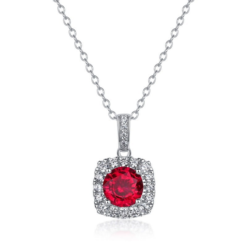 S925 Sterling Silver Lab Ruby Cushion Halo Micro-Pave Necklace, Minimalist for Women - Photo 5