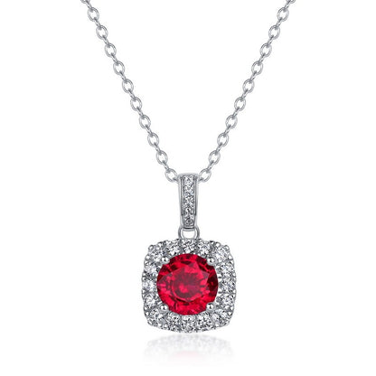S925 Sterling Silver Lab Ruby Cushion Halo Micro-Pave Necklace, Minimalist for Women - Photo 5