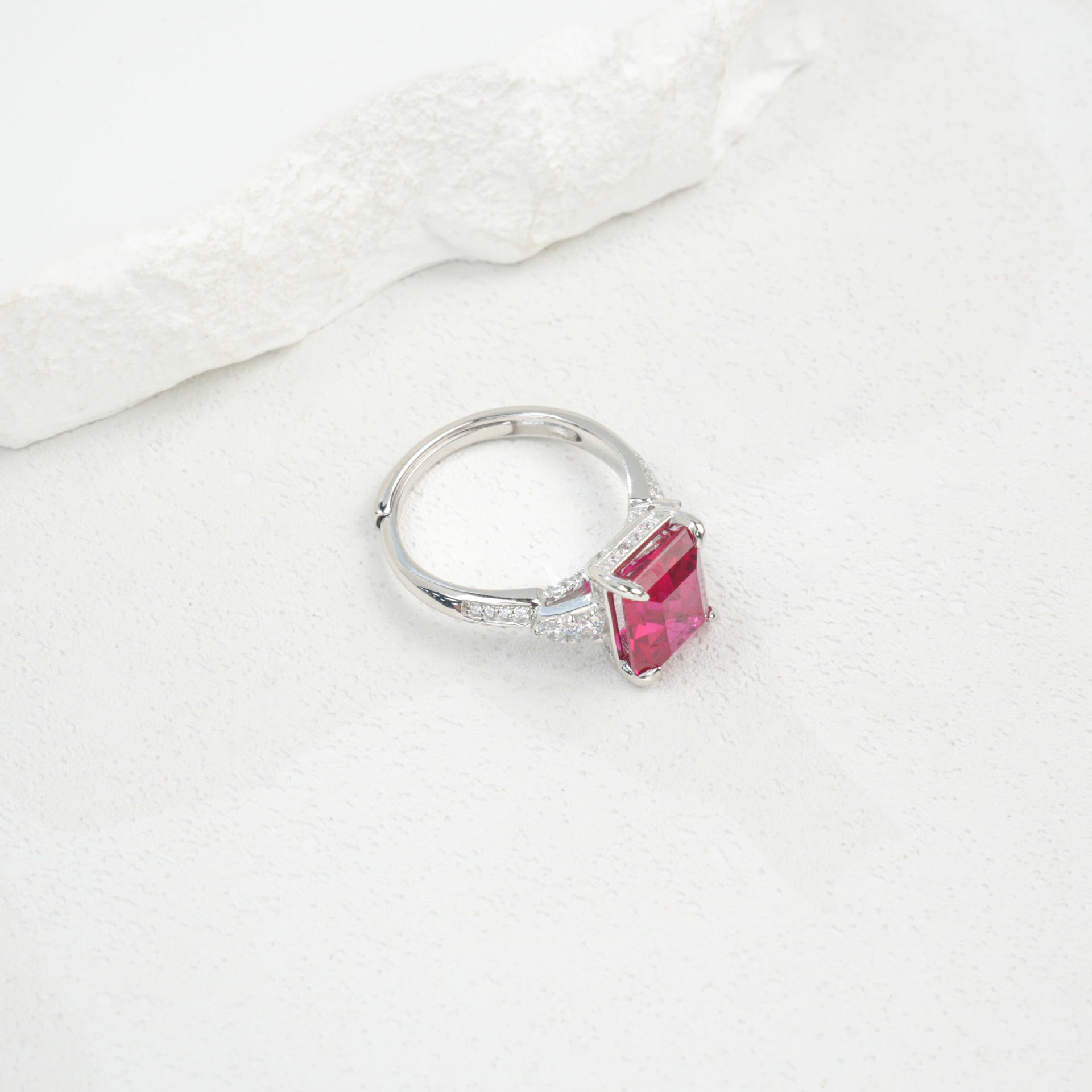S925 Silver Lab Ruby Ring 4-Claw Double-Side Full Diamond, Anniversary Versatile Elegant - Photo 4