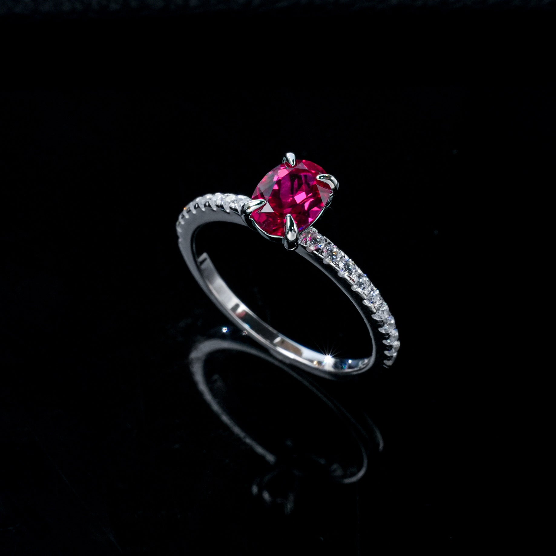 Lab Ruby Ring S925 Sterling Silver Oval 4-Claw Setting, Engagement Gemstone - Photo 2