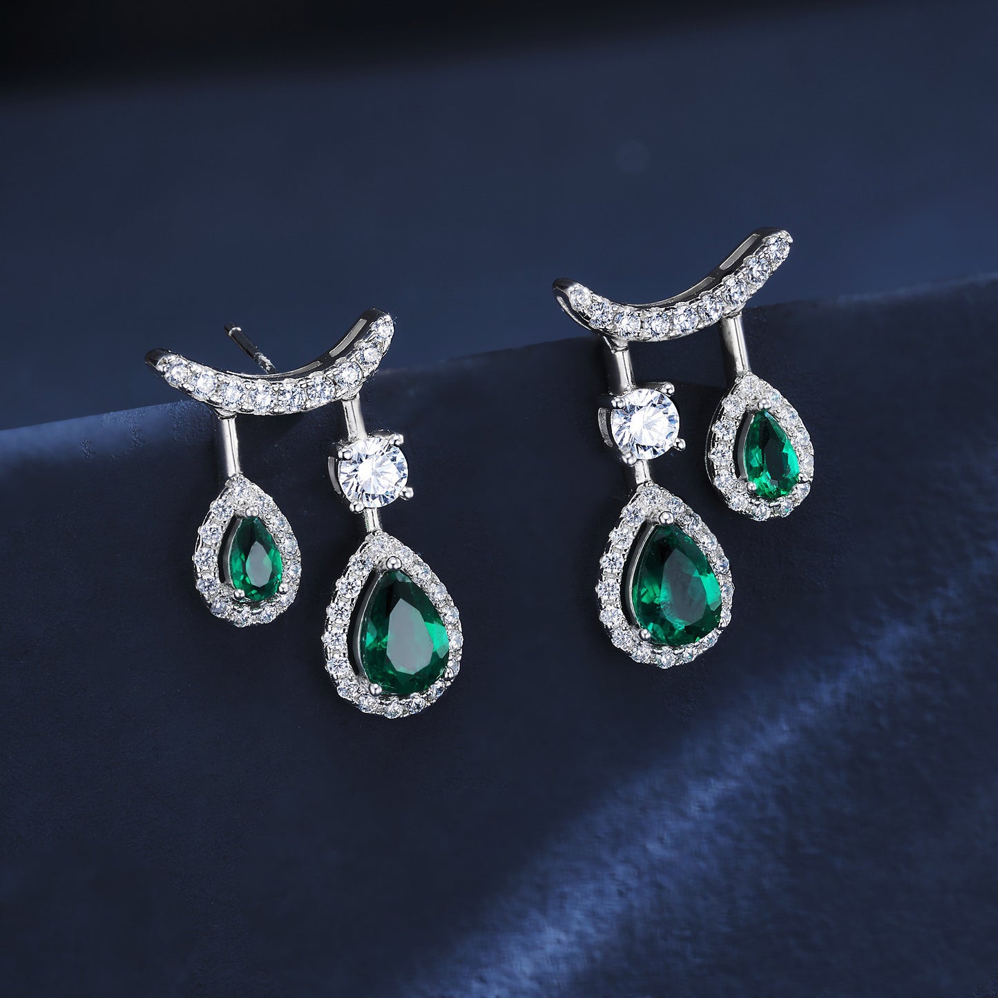 S925 Silver Crescent Arc Ear Cuff Double Teardrop Lab Emerald Diamond Halo, Evening - Photo 2
