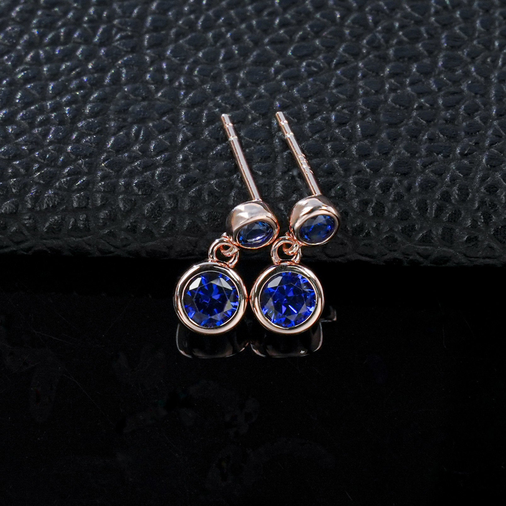 S925 Silver Double Round Bezel Sapphire Stud Earrings, Rose Gold Drop - Photo 2
