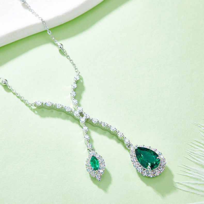 S925 Sterling Silver Emerald Double Teardrop Full Diamond Necklace, Premium Choker Versatile - Photo 2