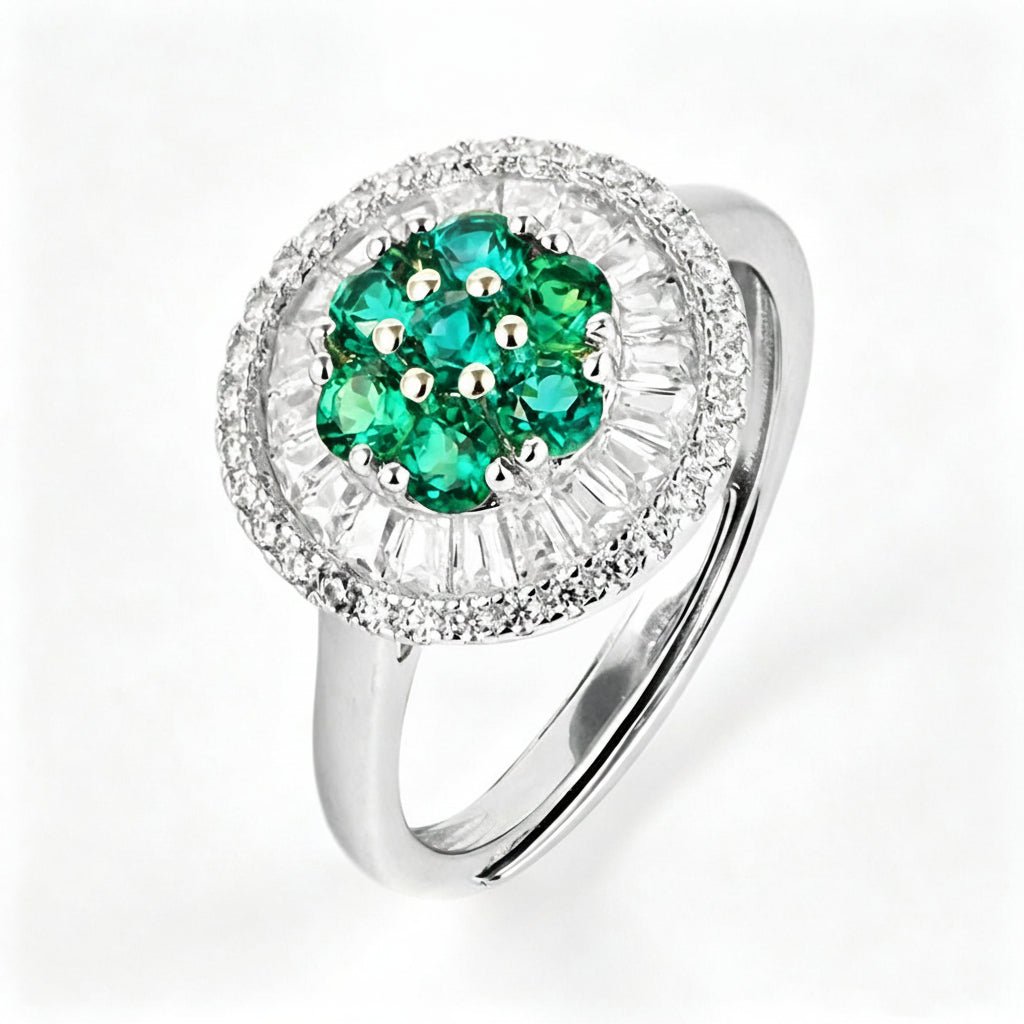 S925 Silver Cluster Emerald Flower Ring, Diamond, Vintage - Photo 1