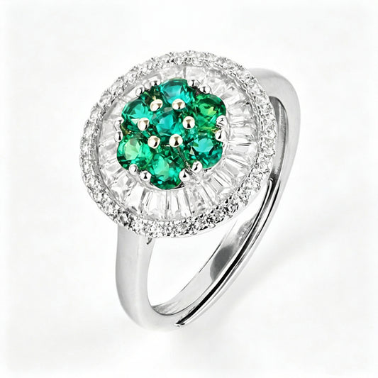 S925 Silver Cluster Emerald Flower Ring, Diamond, Vintage - Photo 1