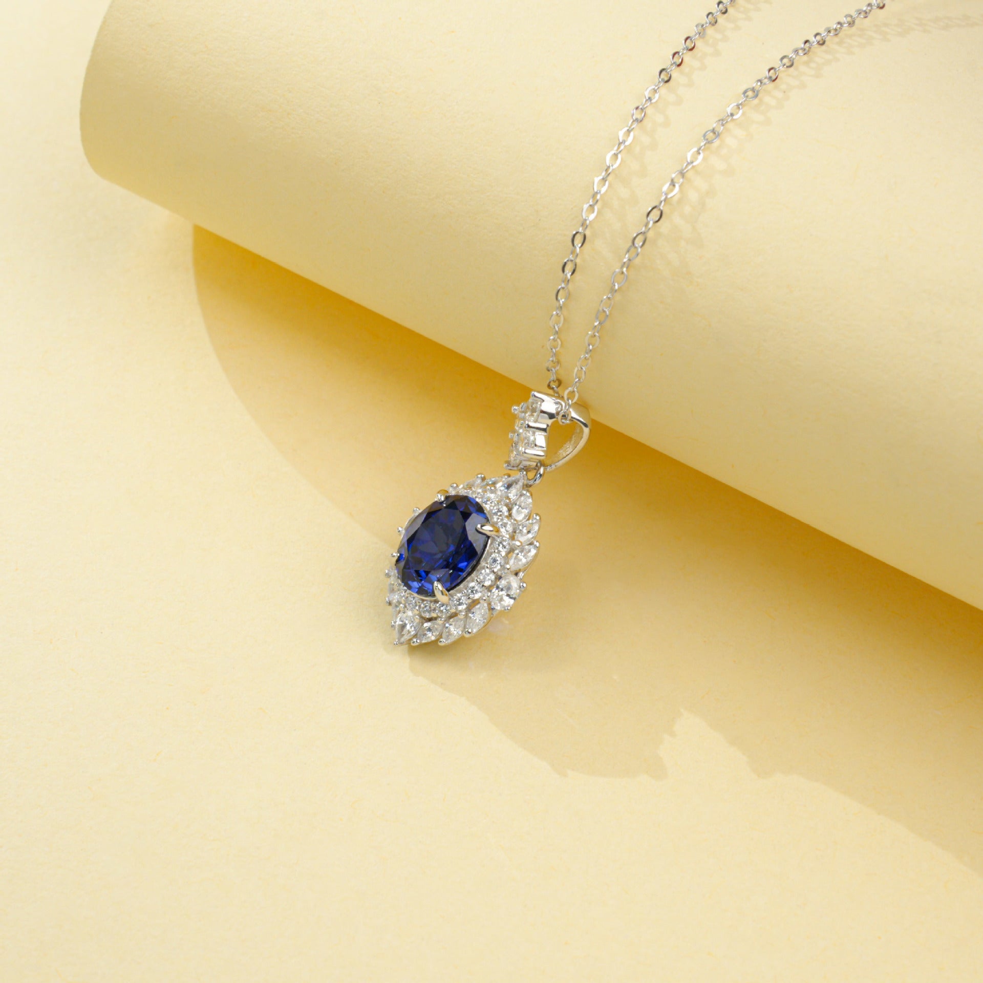 S925 Sterling Silver Royal Blue Lab Sapphire Pave Pendant Necklace, for Women - Photo 4