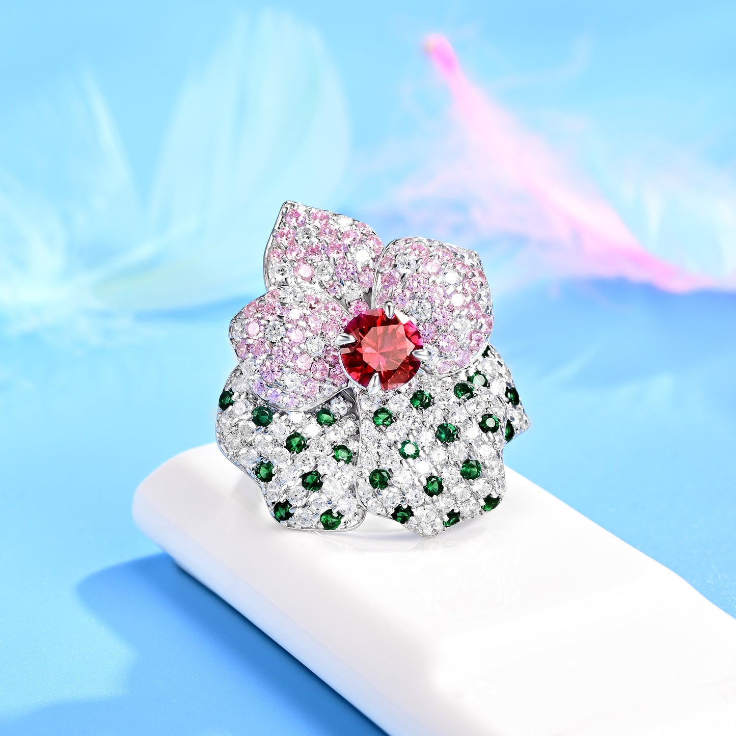 S925 Sterling Silver Ruby Flower Ring, Design Gift Premium - Photo 3