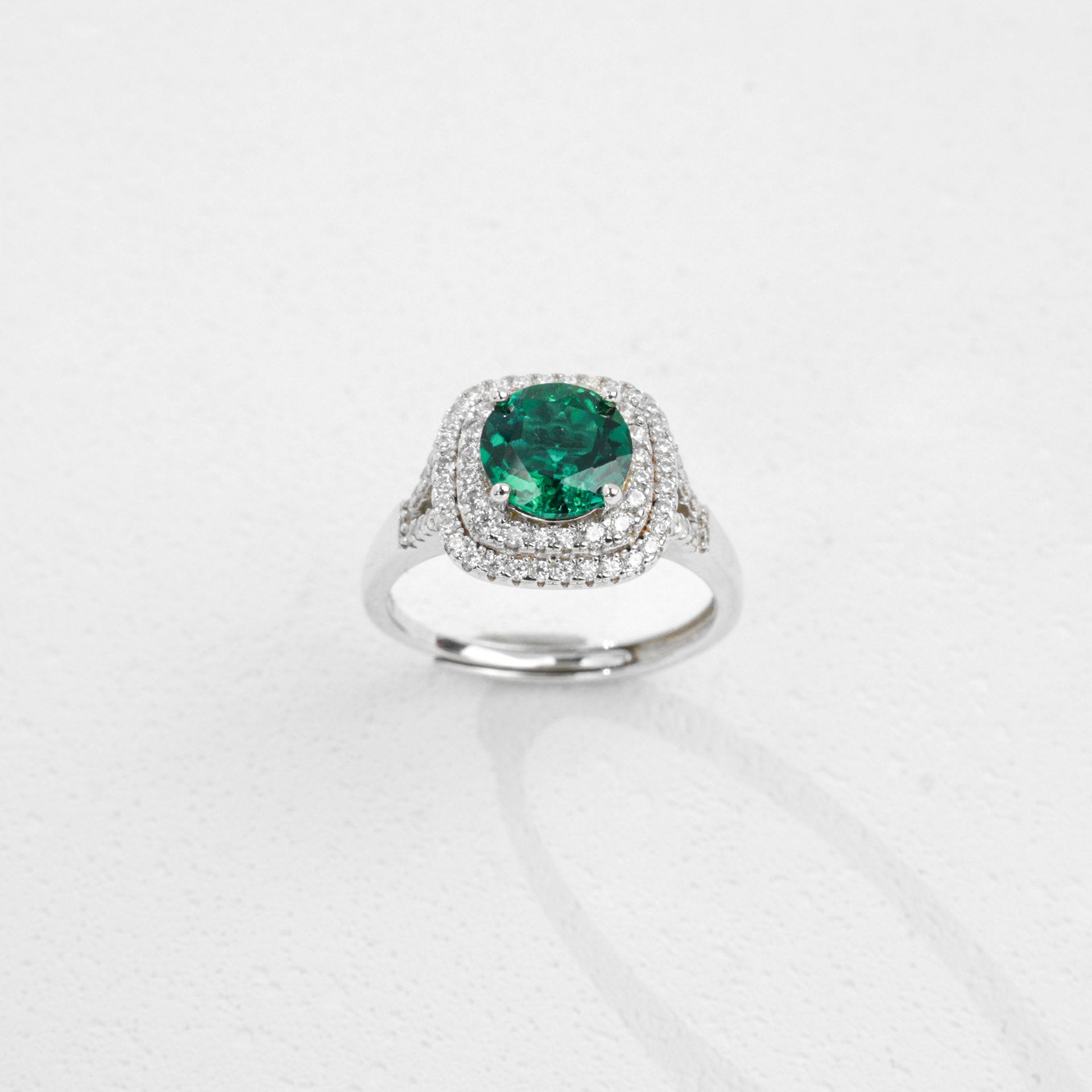 S925 Sterling Silver Lab Emerald Ring Double-Layer Full Diamond Halo Adjustable, Gift - Photo 3