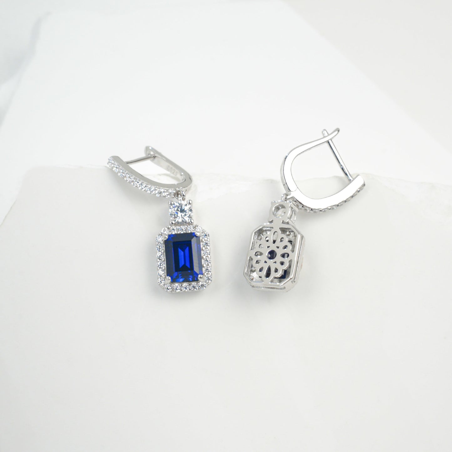 S925 Silver Lab Sapphire Drop Earrings, Diamond Halo Evening - Photo 4