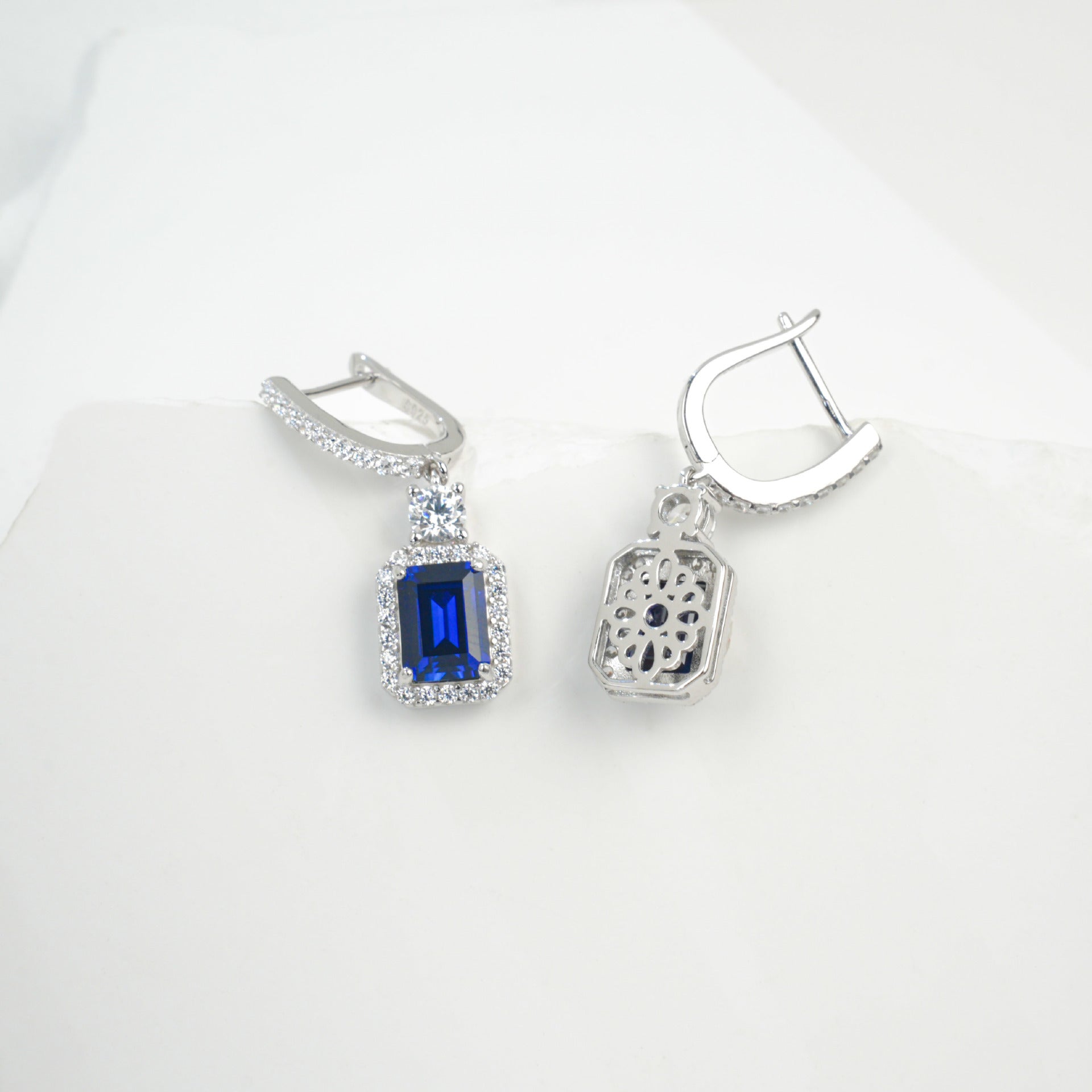 S925 Silver Lab Sapphire Drop Earrings, Diamond Halo Evening - Photo 4