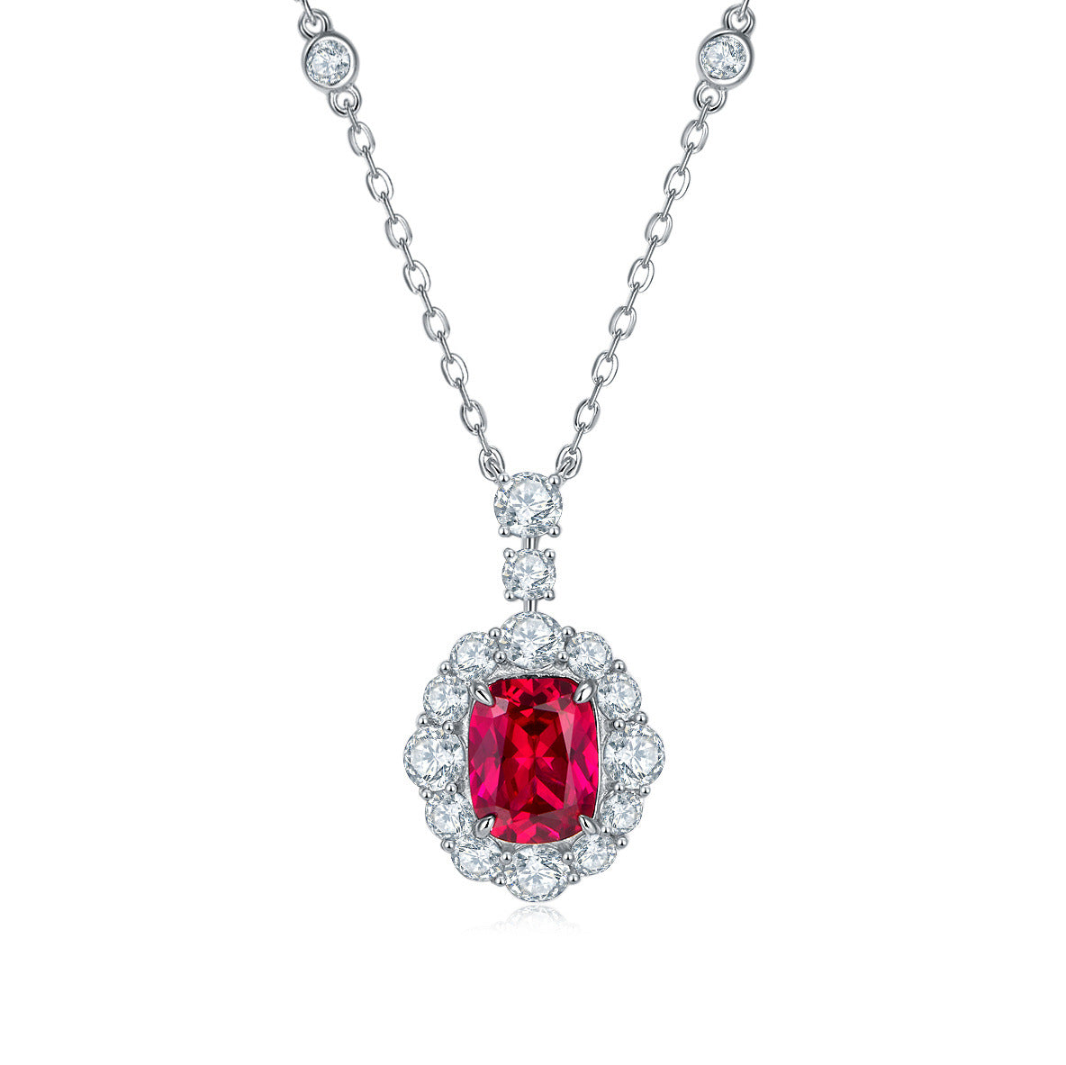 S925 Silver Necklace Pigeon Blood Ruby Pendant Diamond Chain Sparkling, Vintage Bold Stock - Photo 5