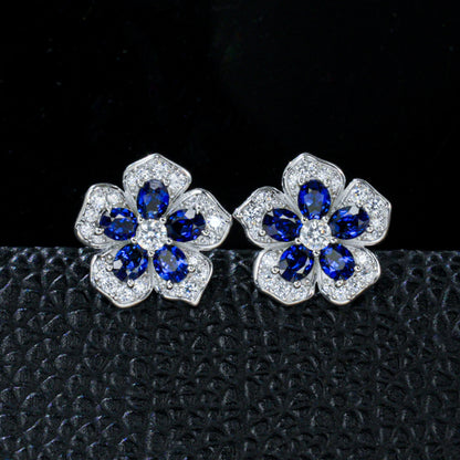 Lab Sapphire S925 Silver Flower Stud Earrings, Vintage Premium - Photo 4