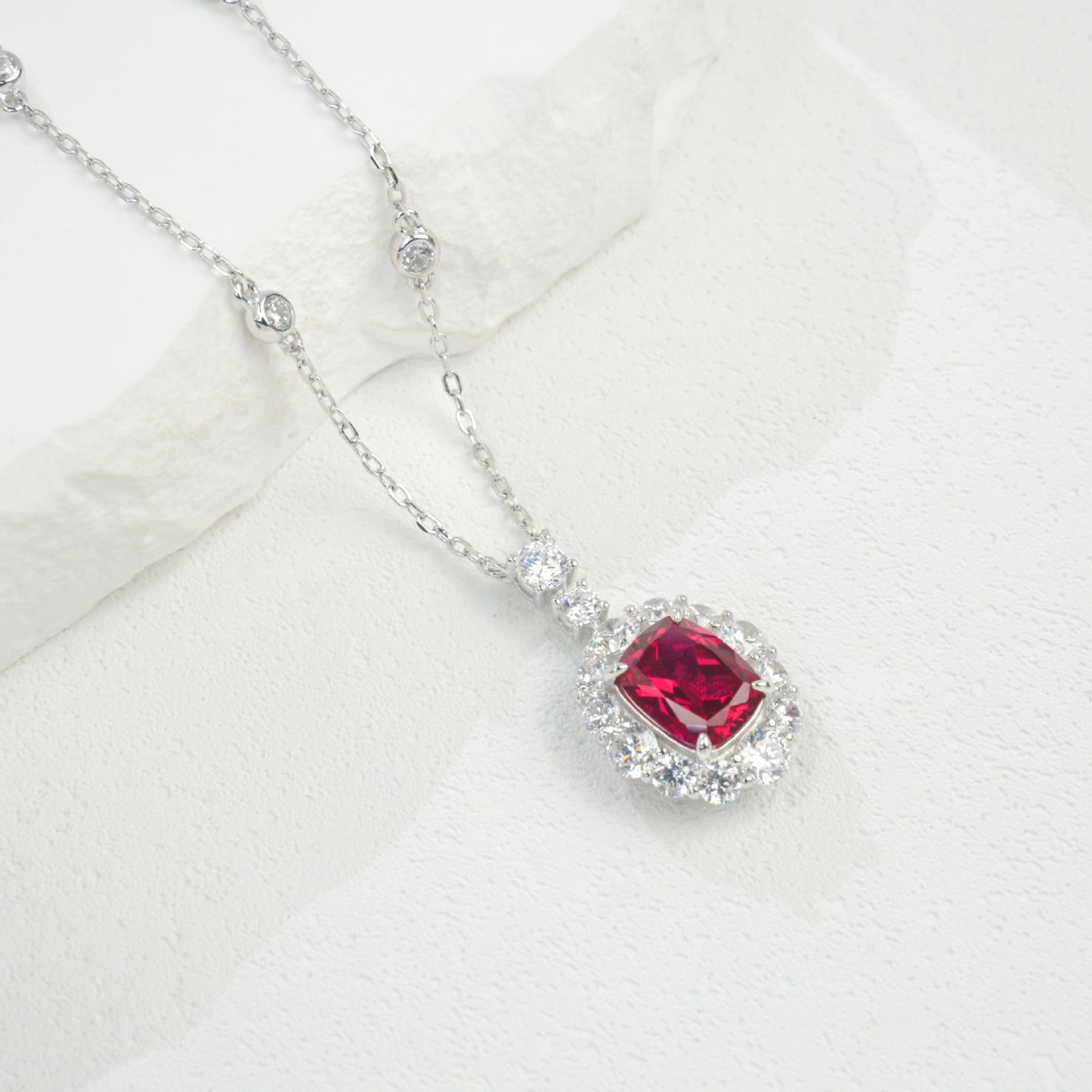 S925 Silver Necklace Pigeon Blood Ruby Pendant Diamond Chain Sparkling, Vintage Bold Stock - Photo 4