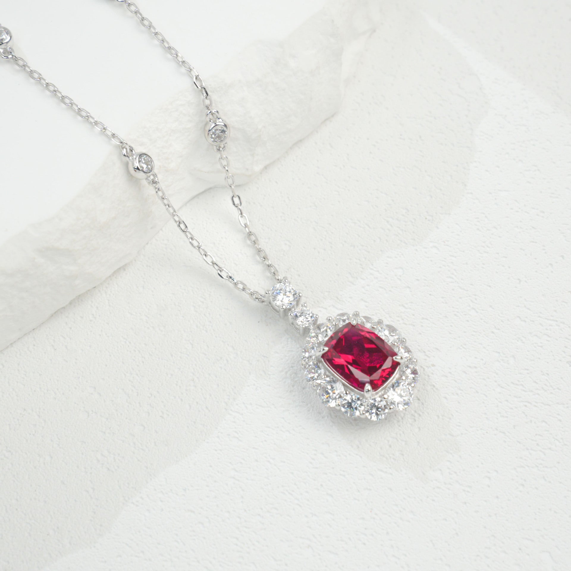 S925 Silver Necklace Pigeon Blood Ruby Pendant Diamond Chain Sparkling, Vintage Bold Stock - Photo 4