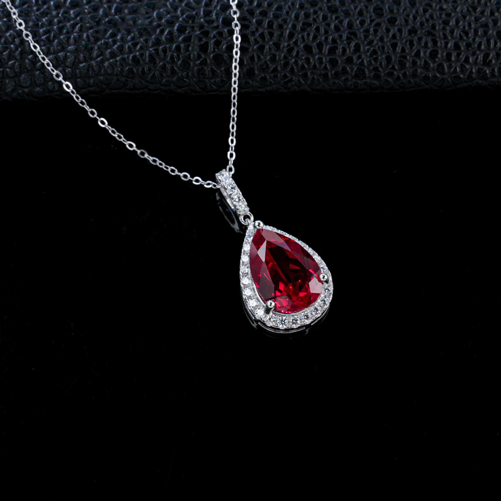 925 Sterling Silver Lab Ruby Teardrop Halo Pendant Choker, Elegant Jewellery - Photo 2