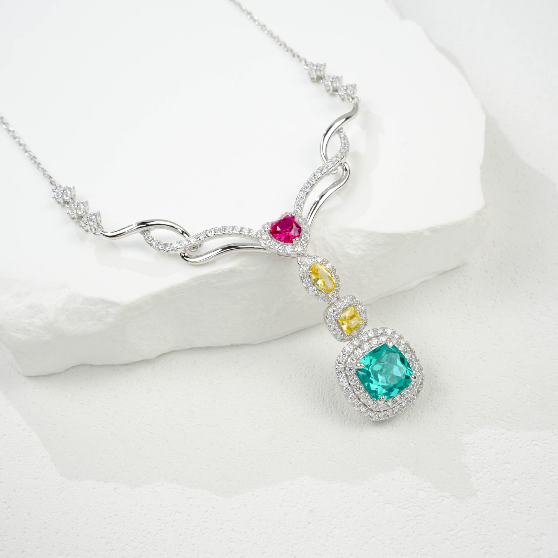 S925 Sterling Silver Emerald-Cut Gemstone Micro-Pave Pendant Choker Necklace, Versatile - Photo 3