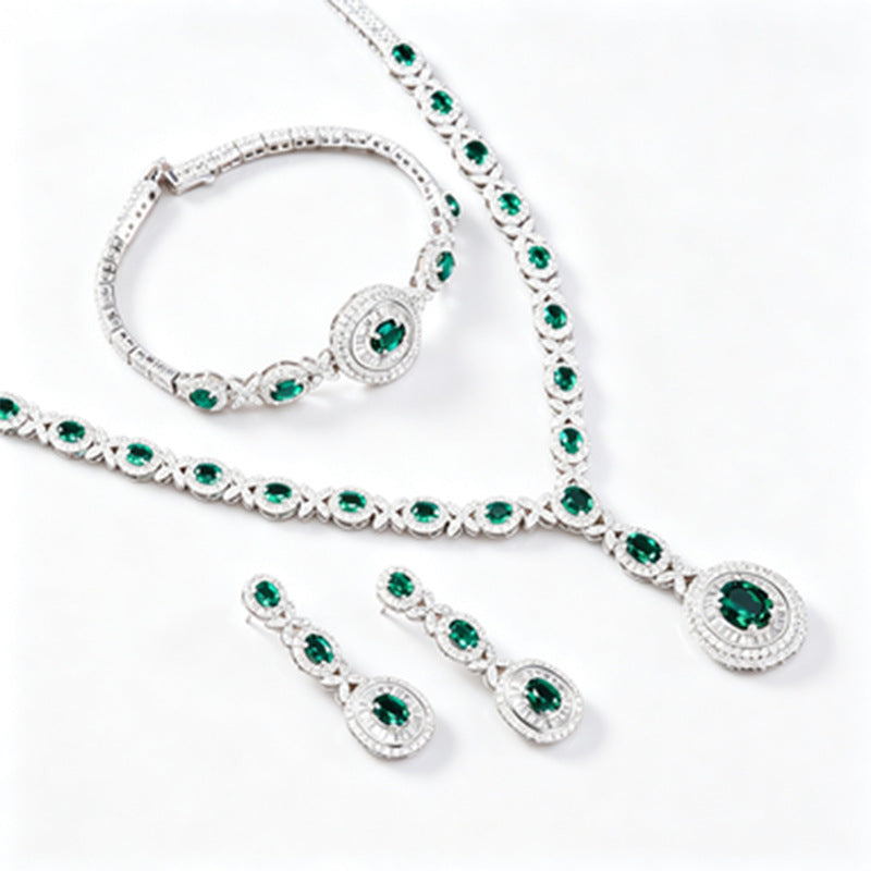 925 Sterling Silver Oval Lab Emerald 3-Piece Jewellery Set (Bracelet, Earrings, Necklace), Luxurious - Photo 5