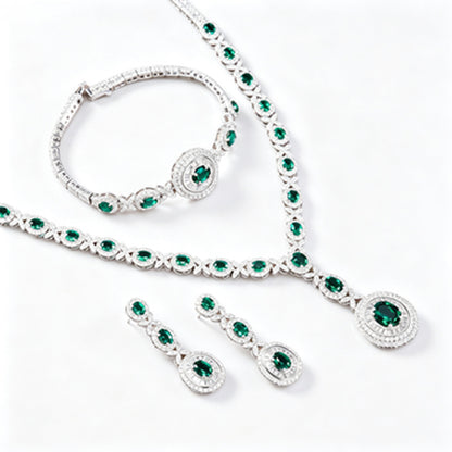 925 Sterling Silver Oval Lab Emerald 3-Piece Jewellery Set (Bracelet, Earrings, Necklace), Luxurious - Photo 5