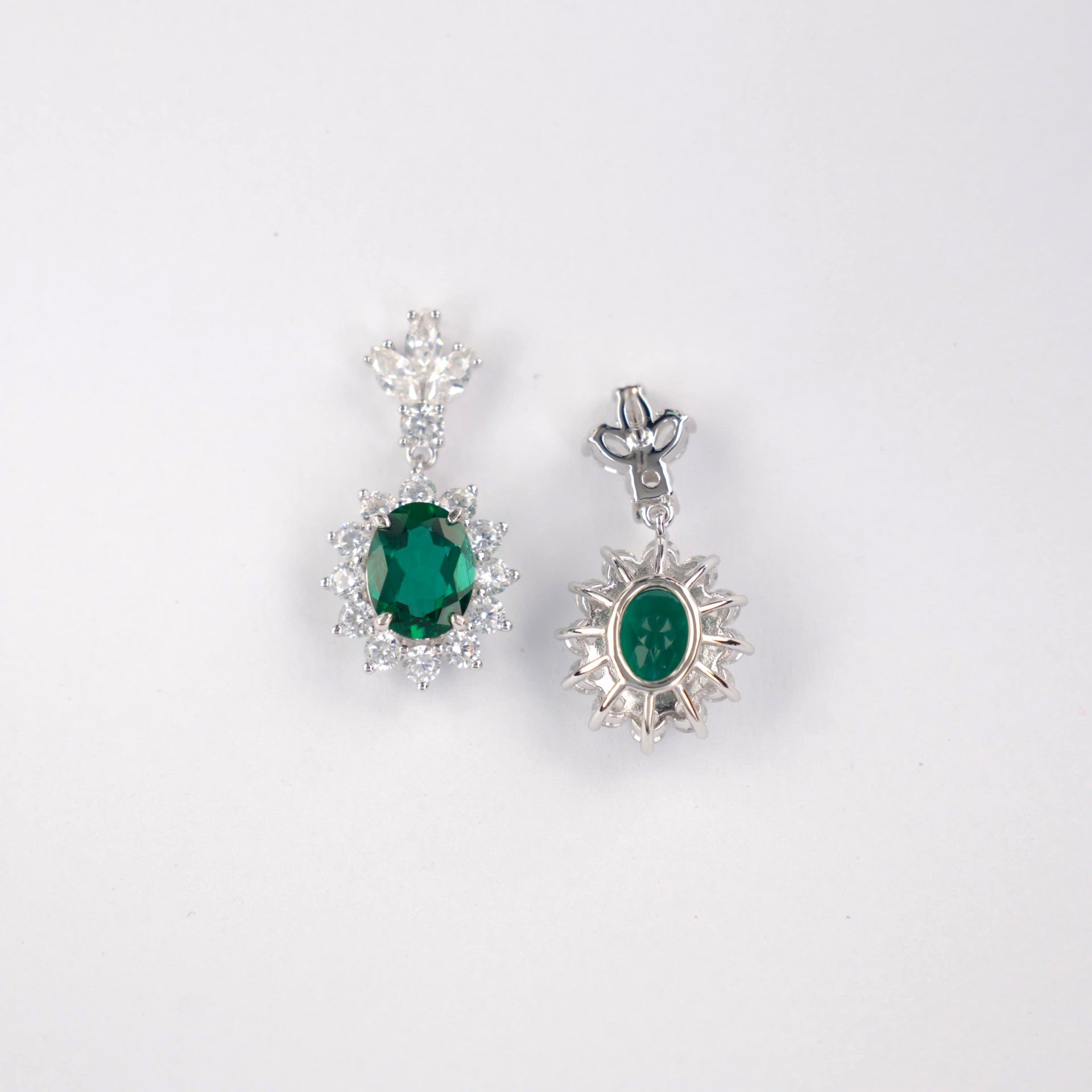 S925 Sterling Silver Oval Lab Emerald Sunflower Pave Halo Earrings, Anniversary Vintage Versatile - Photo 1