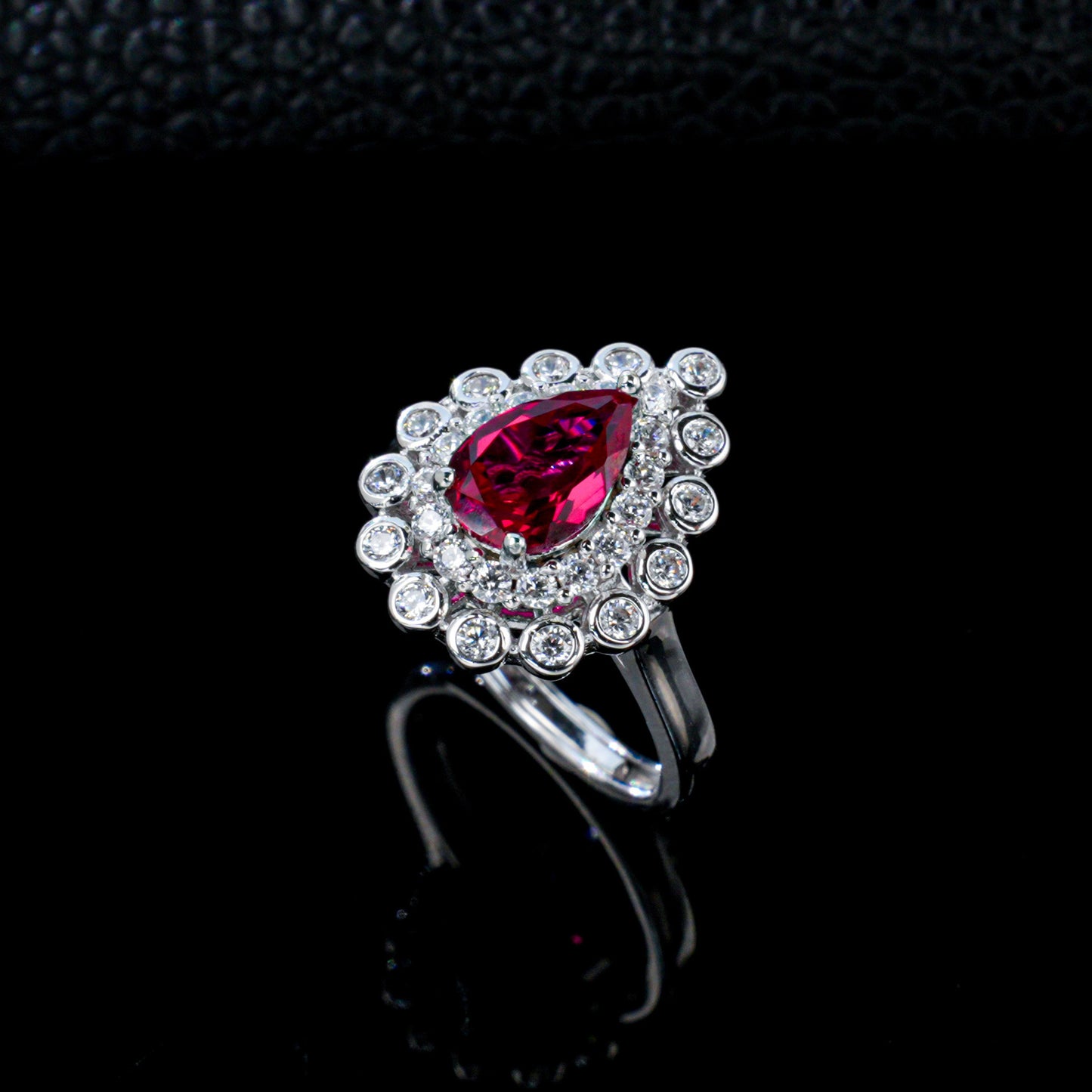 S925 Silver Teardrop Lab Ruby Ring, Teardrop Diamond Halo - Photo 2