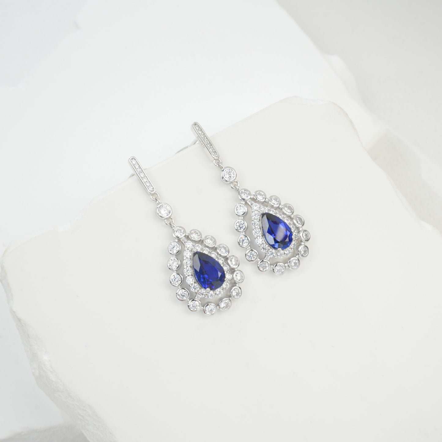 925 Sterling Silver Lab Sapphire Teardrop Pave Long Drop Earrings - Photo 2