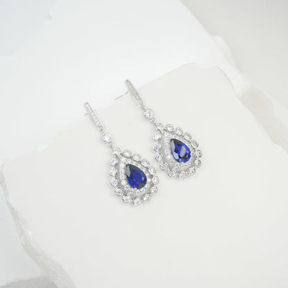 925 Sterling Silver Lab Sapphire Teardrop Pave Long Drop Earrings - Photo 2