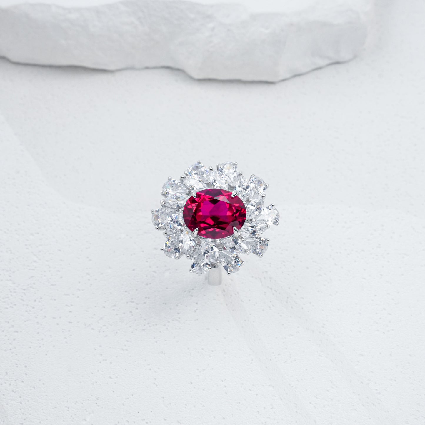 S925 Sterling Silver Oval Lab Ruby Sunflower Ring, Blooming Flower - Photo 4