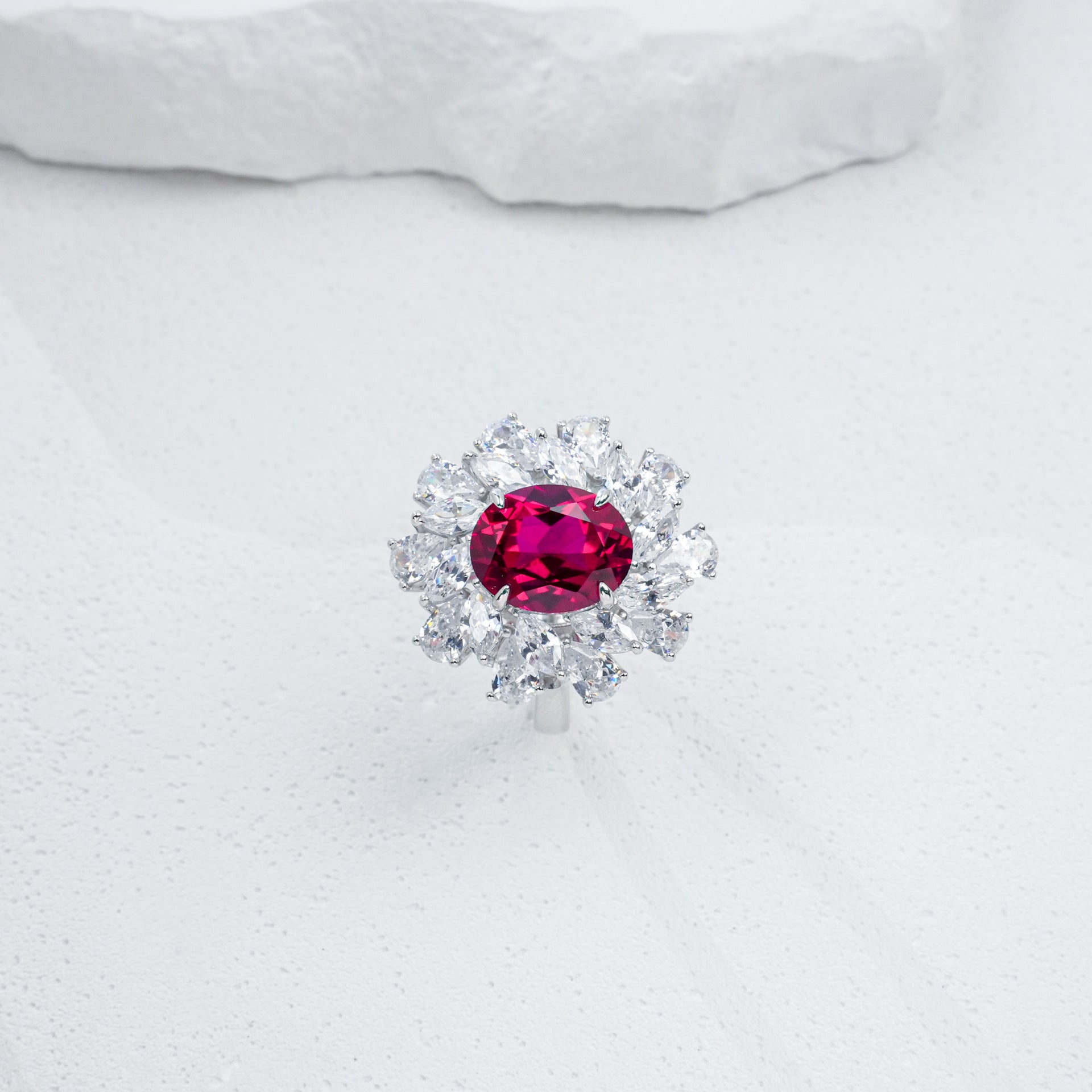 S925 Sterling Silver Oval Lab Ruby Sunflower Ring, Blooming Flower - Photo 4