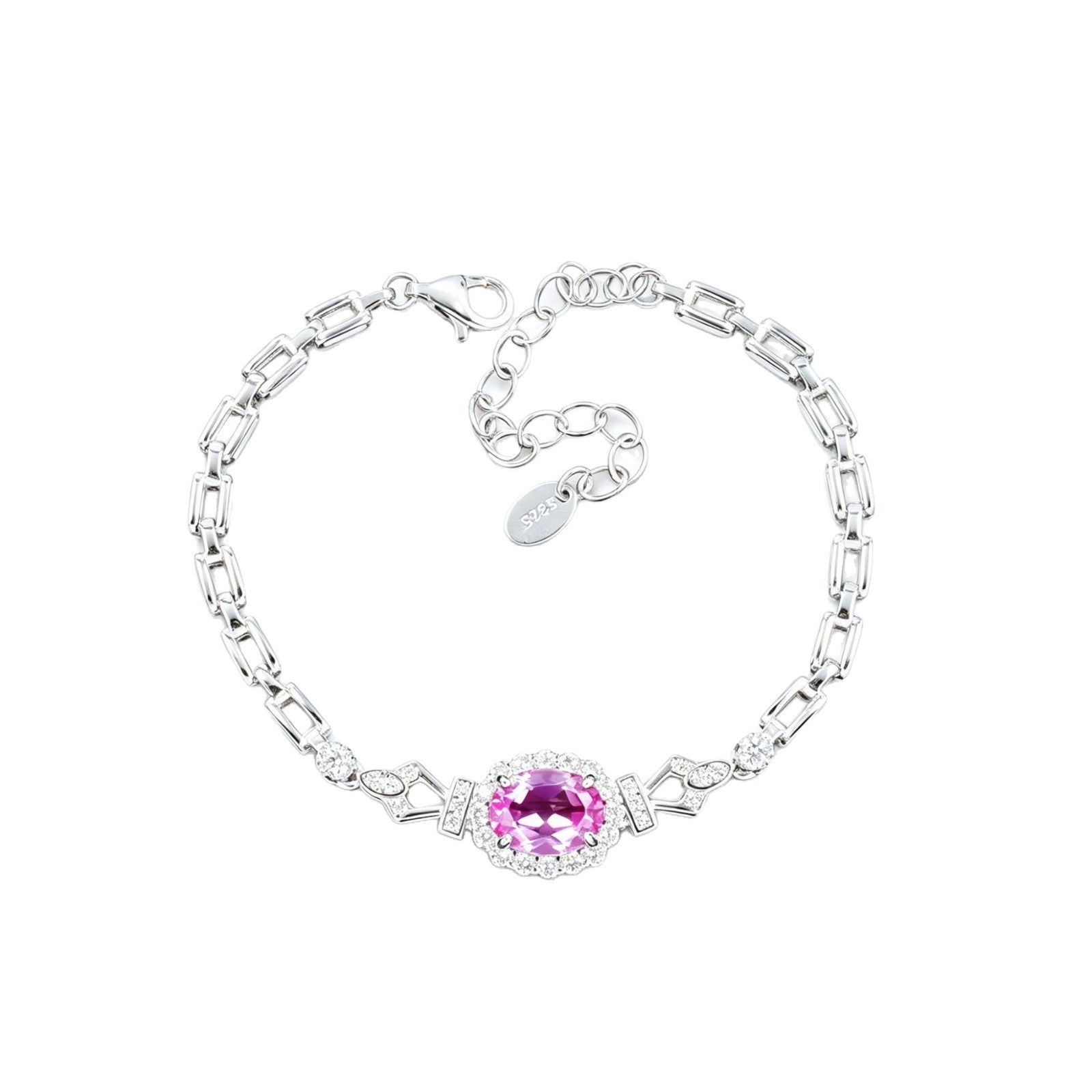 S925 Silver Oval Lab Padparadscha Pink Sapphire Bracelet, Premium - Photo 5