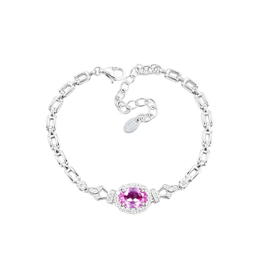 S925 Silver Oval Lab Padparadscha Pink Sapphire Bracelet, Premium - Photo 5