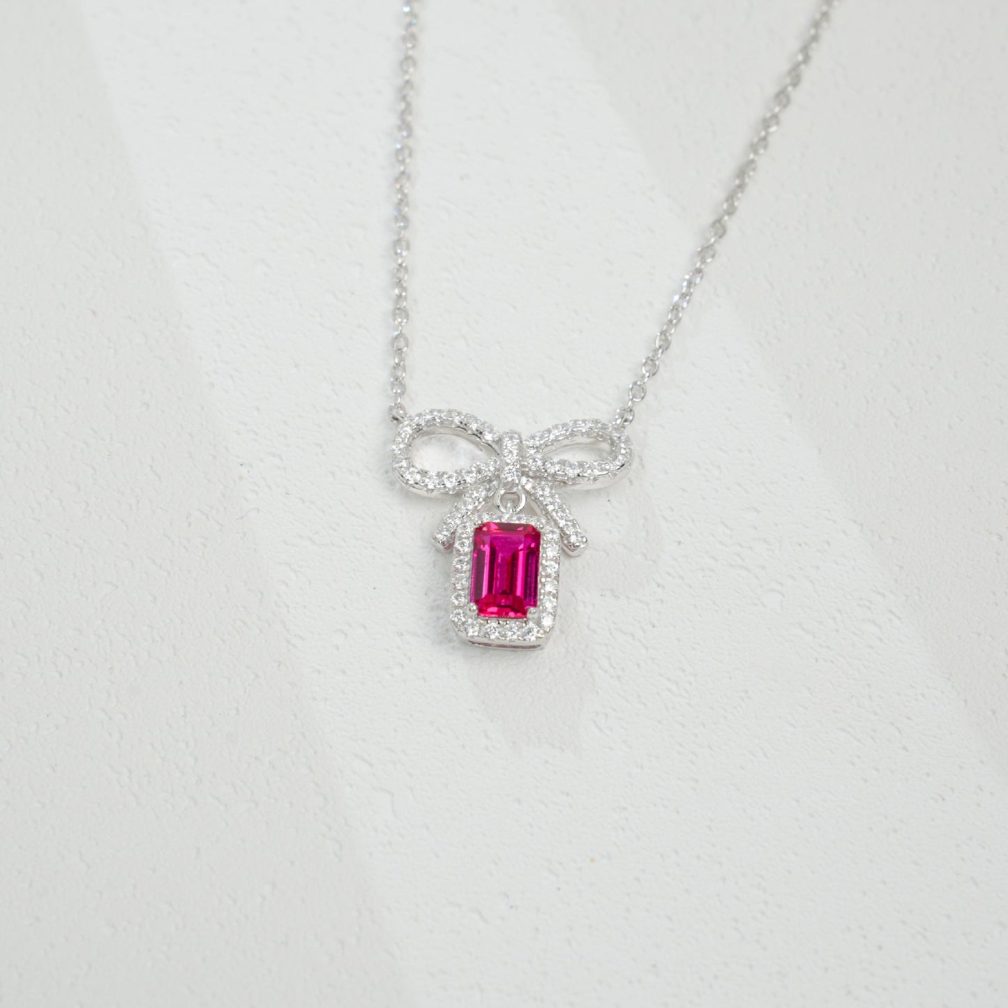 925 Sterling Silver Lab Ruby Bowknot Necklace, Vintage for Women - Photo 4