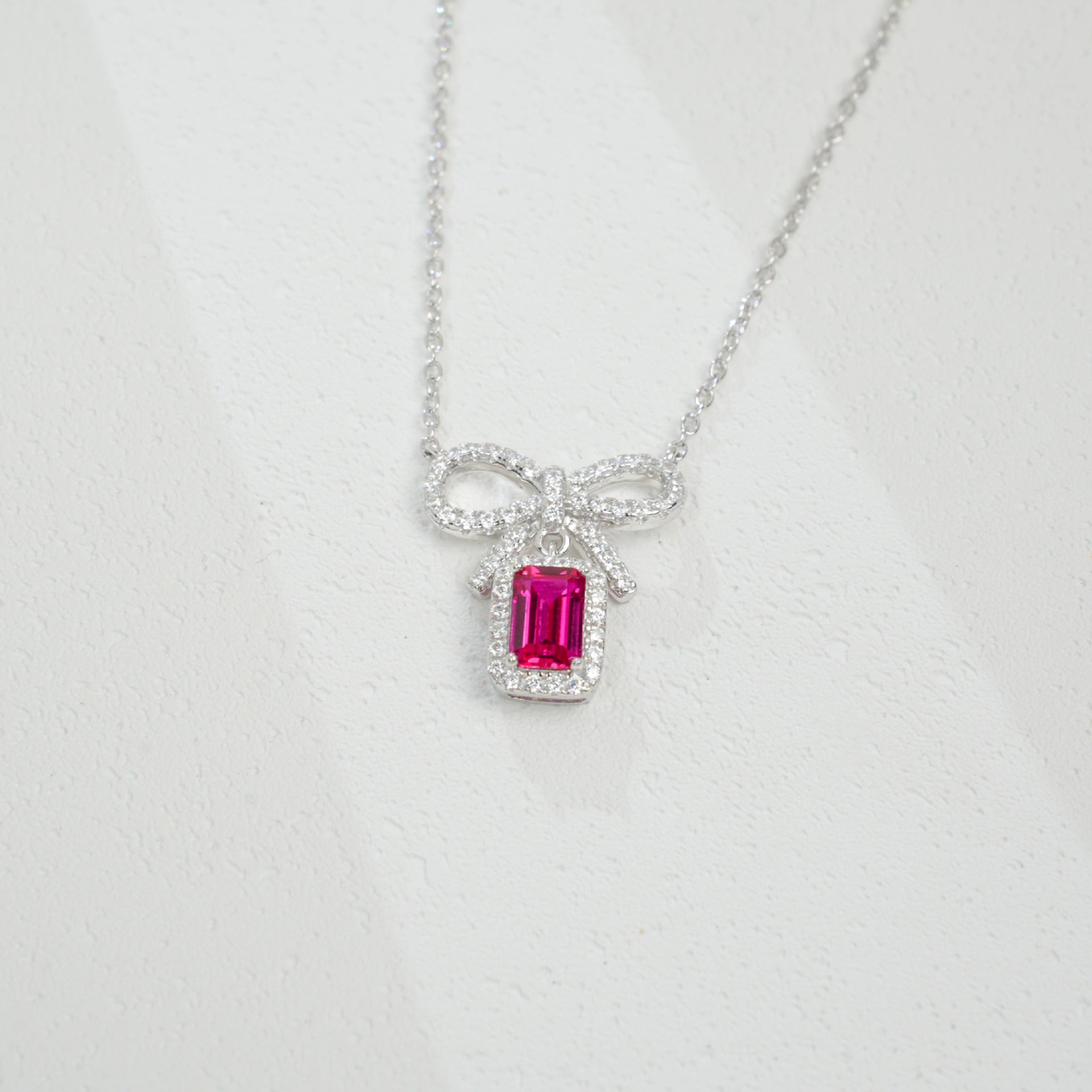 925 Sterling Silver Lab Ruby Bowknot Necklace, Vintage for Women - Photo 4