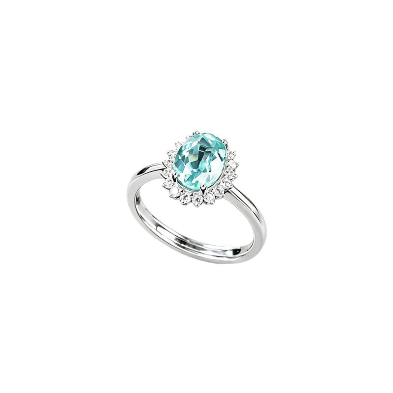 S925 Silver Oval Paraiba Tsavorite Sunflower Multi-Diamond Halo Open Ring - Photo 5
