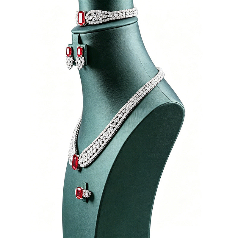 S925 Sterling Silver Lab Pigeon Blood Ruby Set Emerald-Cut, Bride Wedding Accessory - Photo 3