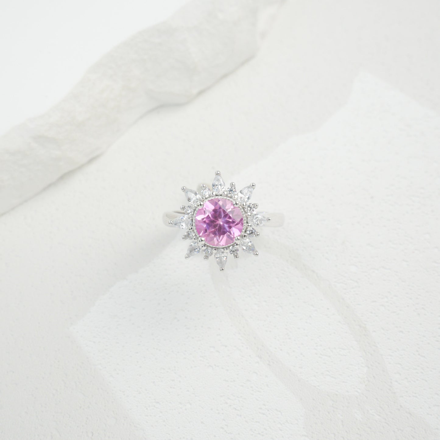 S925 Sterling Silver Gemstone Sunflower Halo Adjustable Open Ring, Versatile - Photo 4