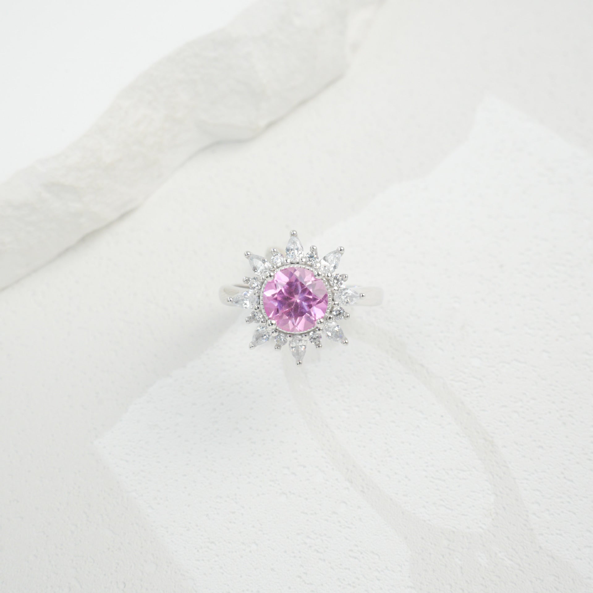 S925 Sterling Silver Gemstone Sunflower Halo Adjustable Open Ring, Versatile - Photo 4