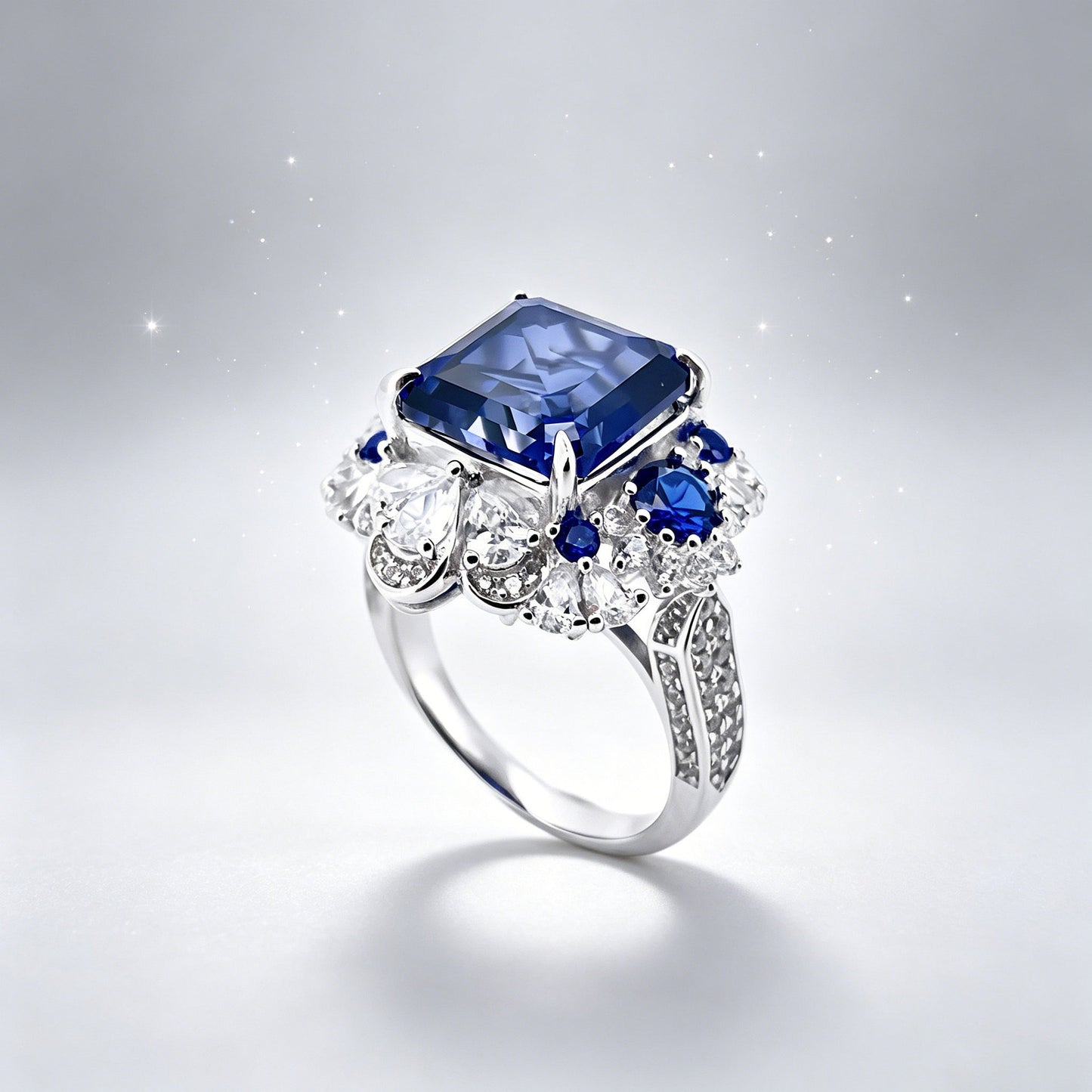 925 Sterling Silver Lab Sapphire Square Halo Ring for Women, Heavy-Craft Premium - Photo 4