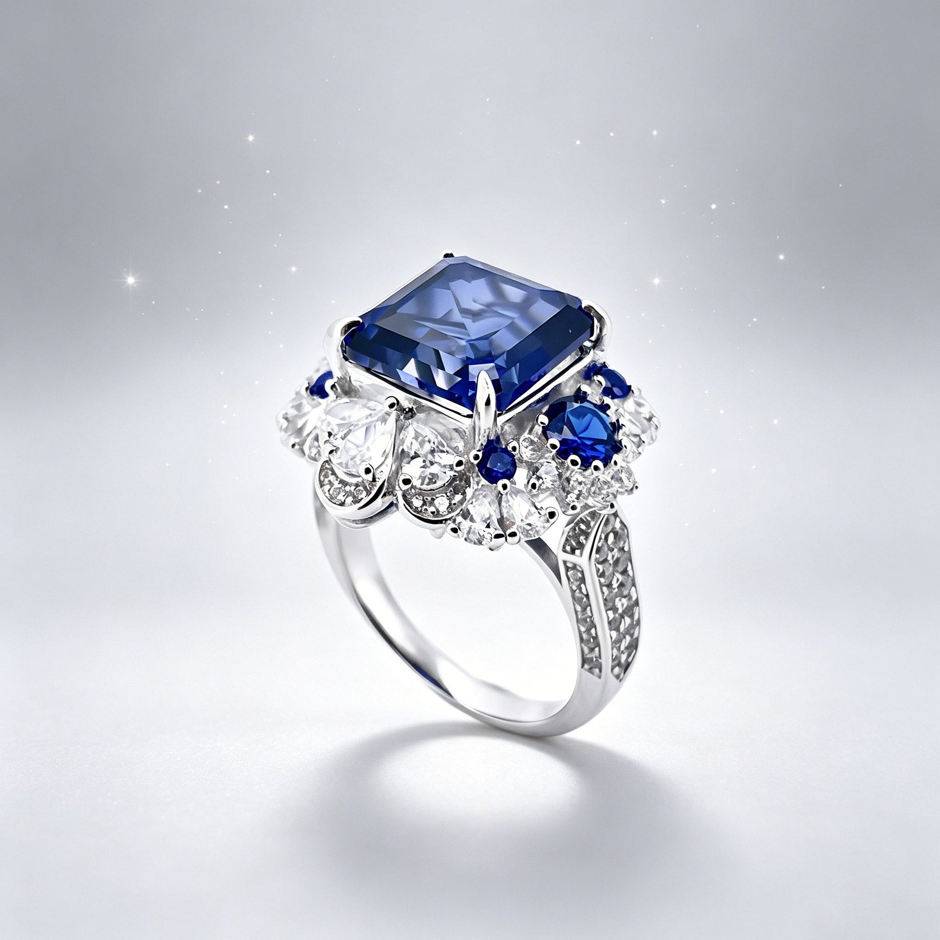 925 Sterling Silver Lab Sapphire Square Halo Ring for Women, Heavy-Craft Premium - Photo 4