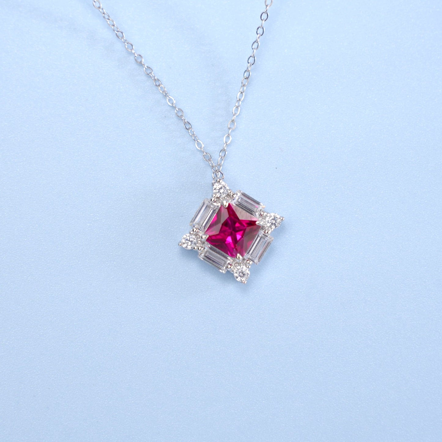 S925 Sterling Silver Square Emerald-Cut Ruby Pendant Necklace, Designer - Photo 3