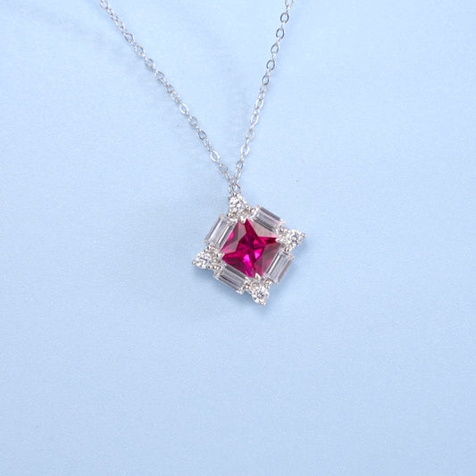 S925 Sterling Silver Square Emerald-Cut Ruby Pendant Necklace, Designer - Photo 3